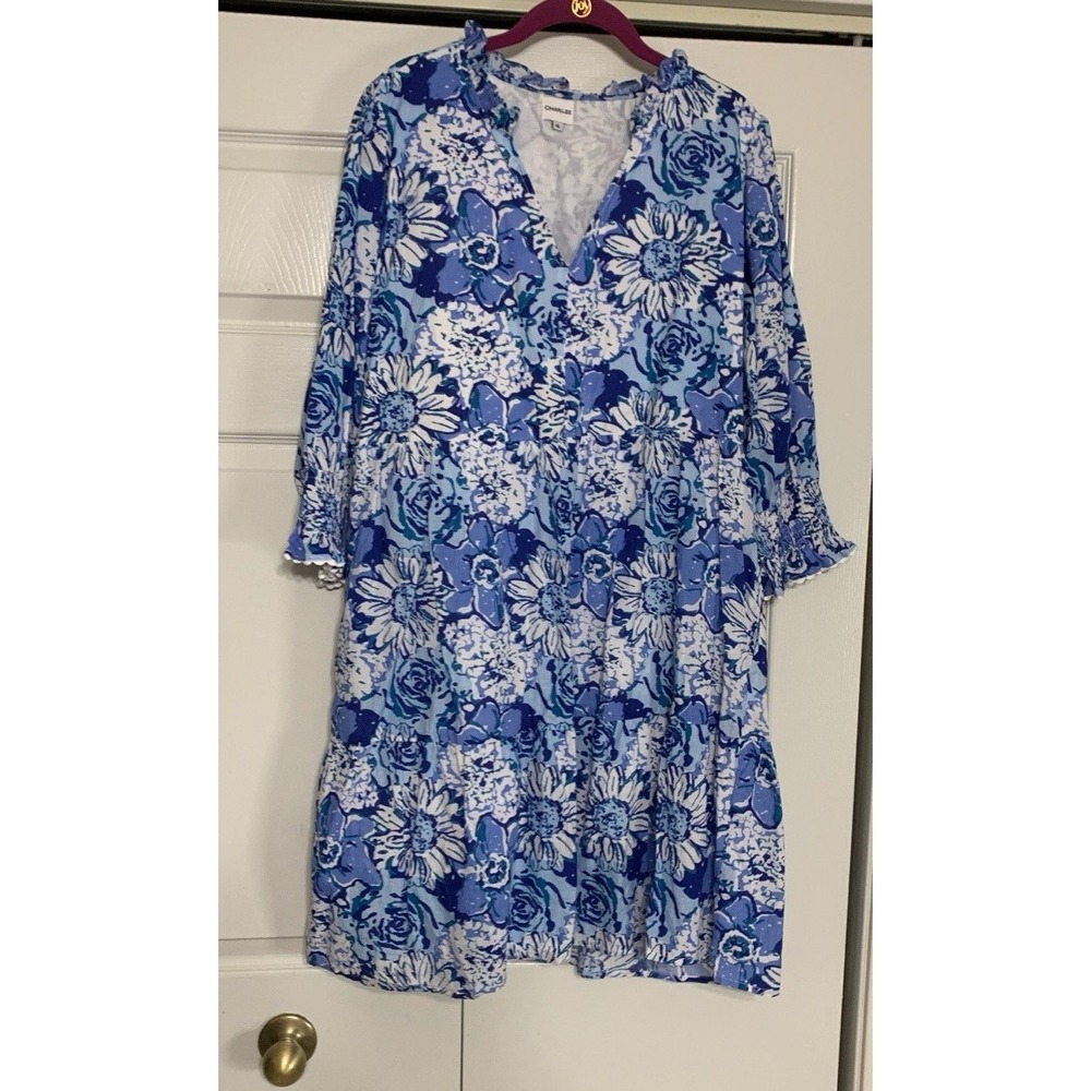 Charlee Tiered Shift Dress Blue Floral V Neck Pockets XL